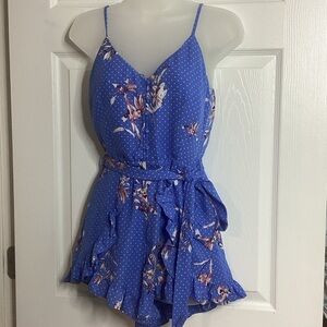 Lost & Wander Blue Polka Dot Romper S Spaghetti Straps Ruffles